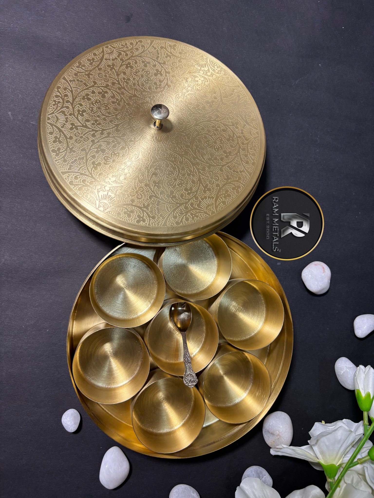 Premium Etching Brass Masala Box with Lid and Spice Containers - Handcrafted Brass Spice Storage Box Manufacturer in India